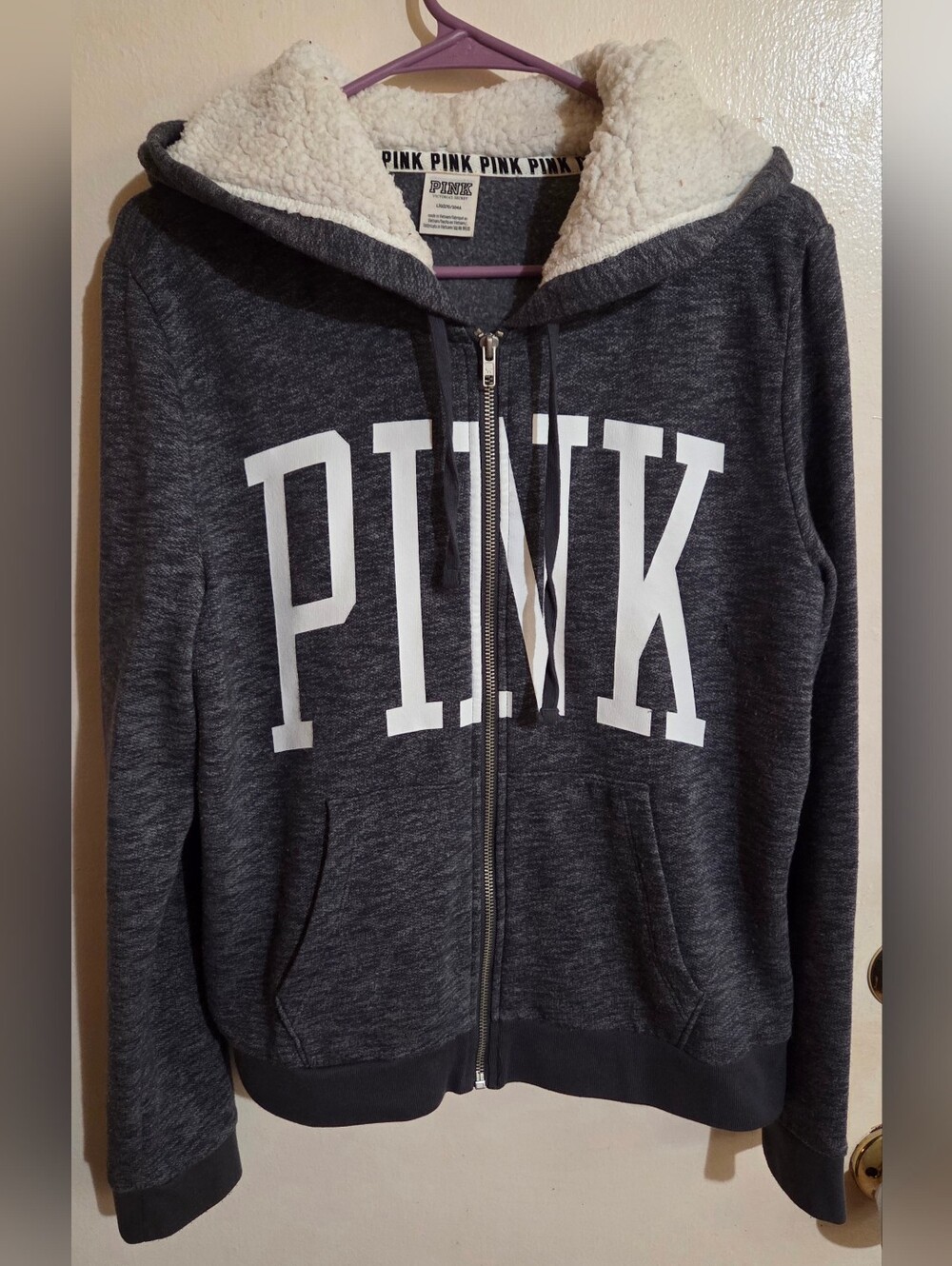 Victoria's Secret PINK Marled Gray Sherpa Hooded Full Zip Sweatshirt Size Large